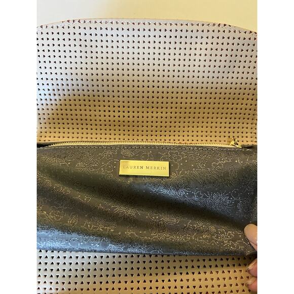 Lauren Merkin | Made In NYC Tan Perforated Magnetic Closure Clutch | 5”x 10” - Picture 2 of 6